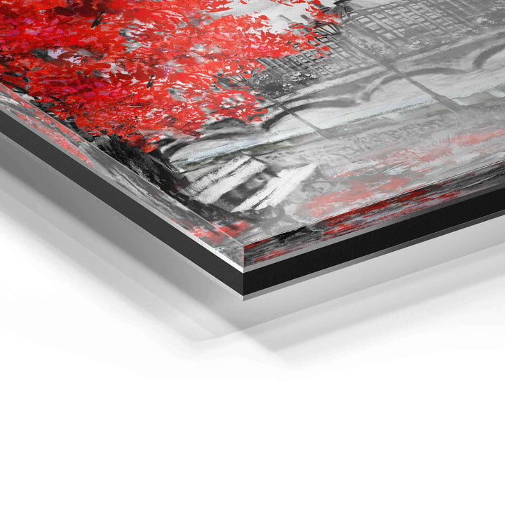 Detailansicht Acrylglasbild London Motiv mit rotem Baum, moderne Wandkunst