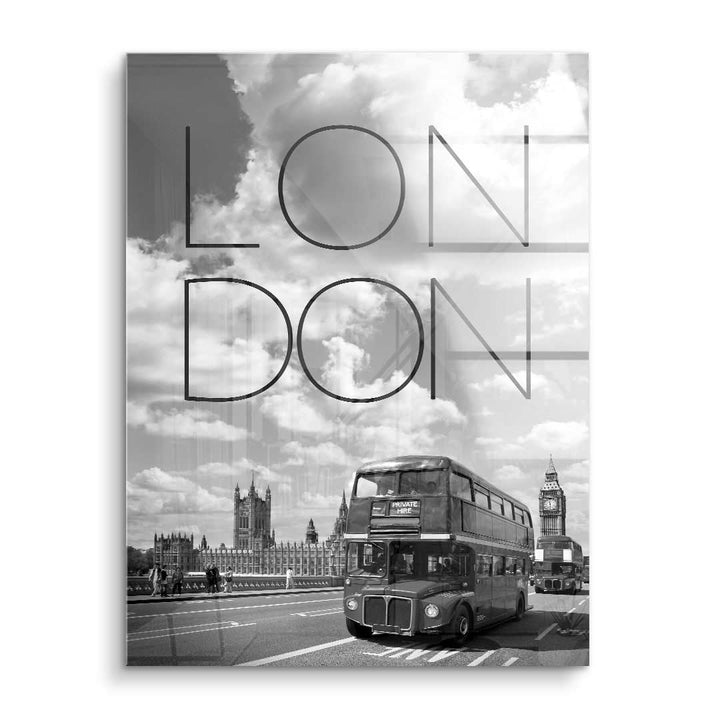 Schwarzweiß-Wandbild mit London-Doppeldeckerbus vor Big Ben und Westminster