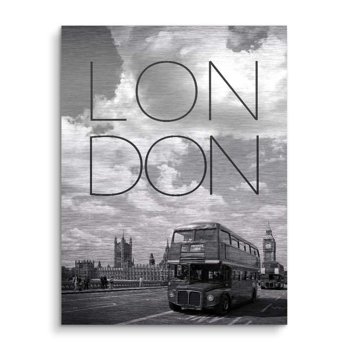 Schwarz-Weiß-Wandbild London mit Big Ben und rotem Doppeldeckerbus, moderne Kunst