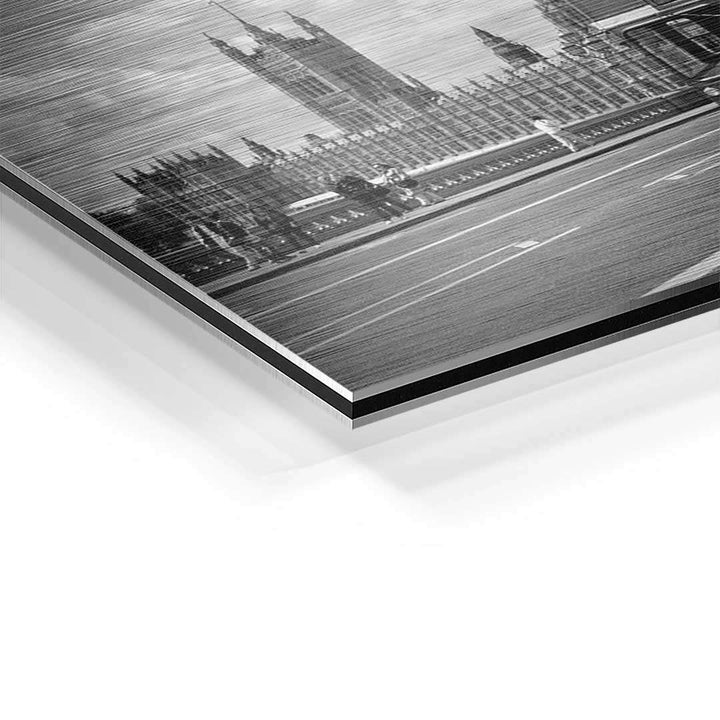 Detailaufnahme Wandbild London Skyline auf Aluminium in Schwarz-Weiß, moderne Kunst