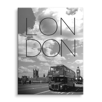Wandbild London mit rotem Doppeldeckerbus und Big Ben in Schwarz-Weiß, moderne Kunst