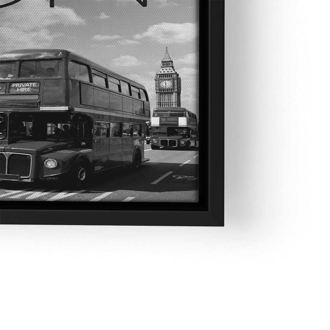 Schwarz-weiß Wandbild London mit Doppeldeckerbus und Big Ben im modernen Rahmen