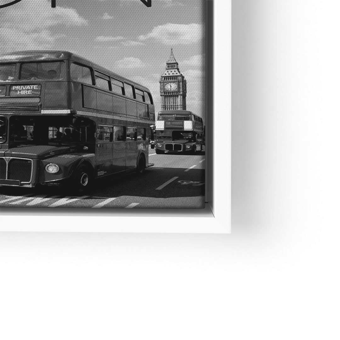 Schwarz-weiß Wandbild mit London Doppeldeckerbus und Big Ben, moderne Kunst für Wohnzimmer