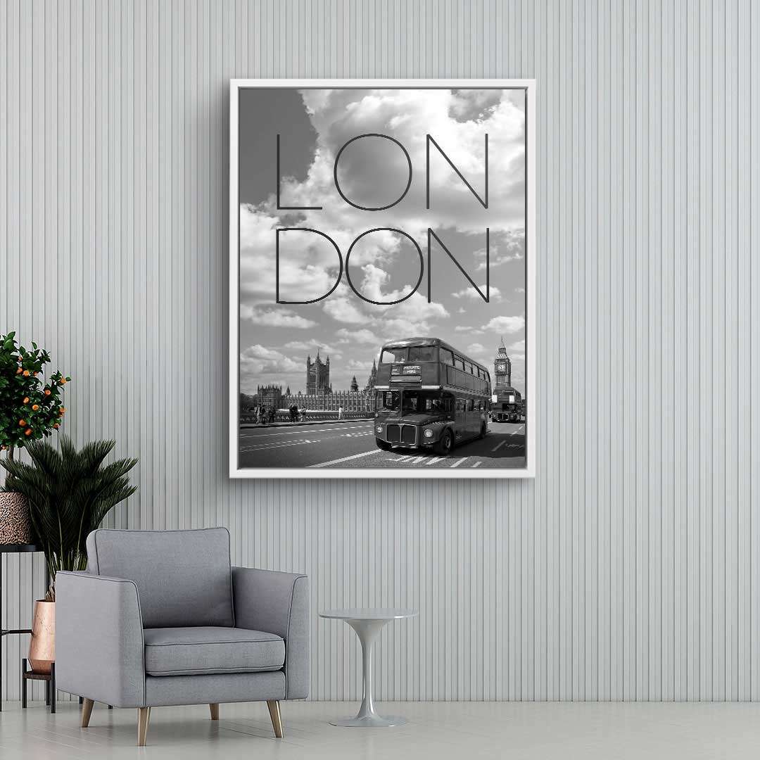 Schwarz-weiß Wandbild London Bus mit Big Ben, modernes Wohnraum-Design