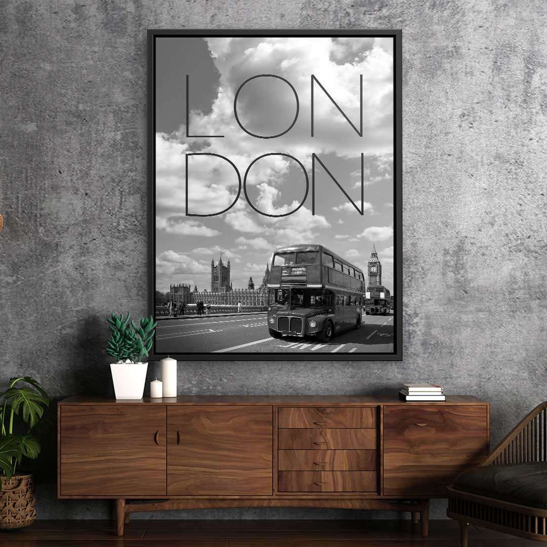 Schwarz-weiß Wandbild mit London Doppeldeckerbus, Big Ben und Schriftzug "London".
