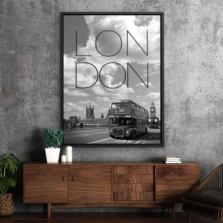 Schwarz-weiß Wandbild mit London Doppeldeckerbus, Big Ben und Schriftzug "London".