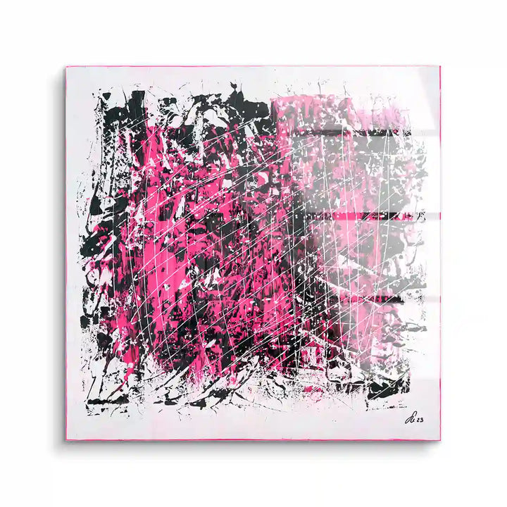 Modernes abstraktes Wandbild mit pinken, schwarzen und weißen Farbakzenten auf Acrylglas