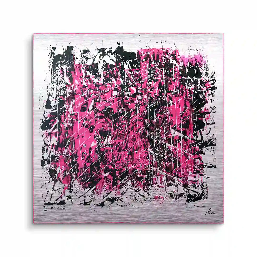 Modernes abstraktes Wandbild in Pink, Schwarz und Silber mit dynamischen Linien und Strukturen