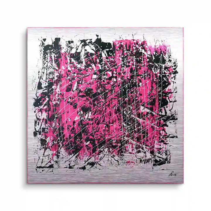 Modernes abstraktes Wandbild in Pink, Schwarz und Silber mit dynamischen Linien und Strukturen
