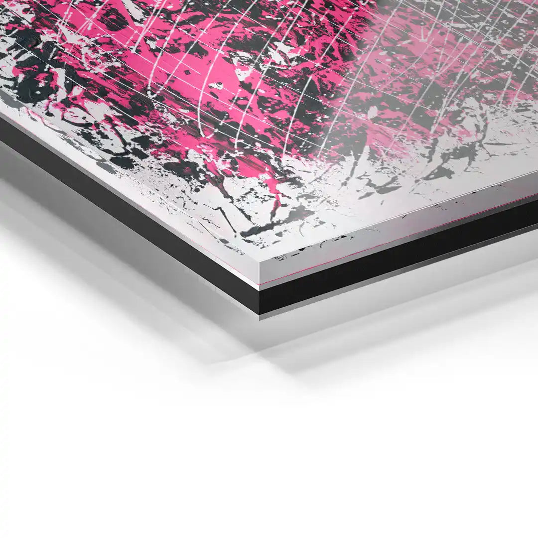 Moderne Wandbild-Detail auf Acrylglas mit abstraktem pink-schwarz-weißem Muster