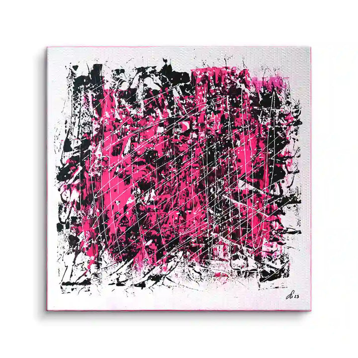 Modernes abstraktes Wandbild mit pinken, schwarzen und weißen Farbspritzern auf Leinwand