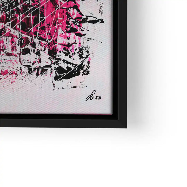 Abstraktes Wandbild mit schwarzer und pinker Farbe, moderne Kunst auf Leinwand im schwarzen Rahmen