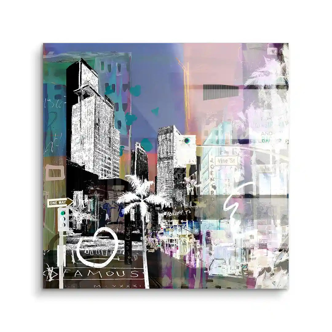 Modernes Acryl Wandbild mit Los Angeles Skyline, Palmen und Straßenschildern, abstrakte Kunst