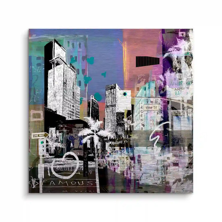 Modernes Wandbild Los Angeles mit Hochhäusern, Palmen und Graffiti im urbanen Kunststil