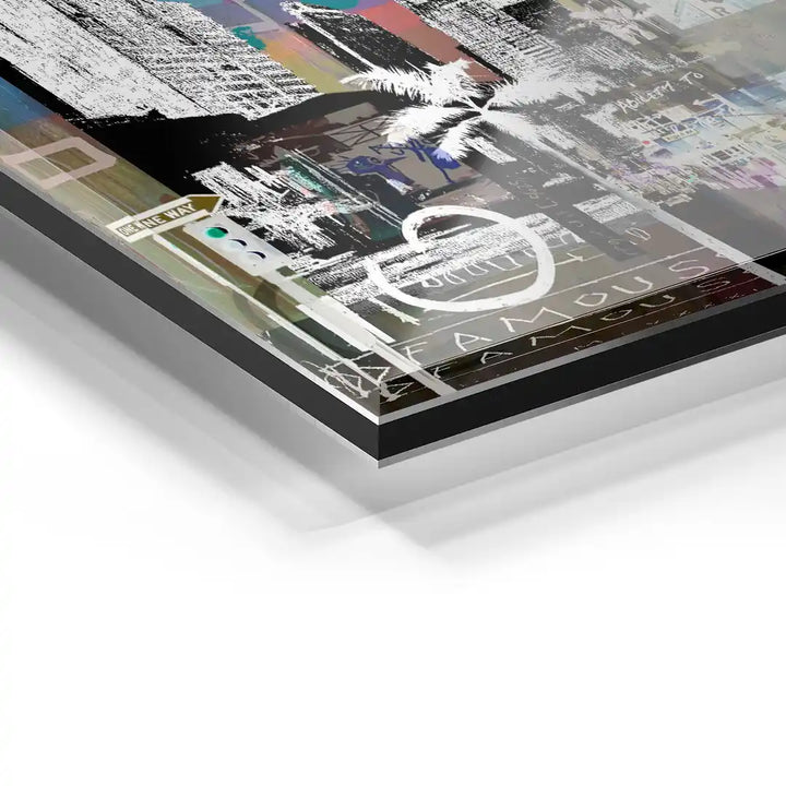 Detailansicht Acrylglas-Wandbild Los Angeles Skyline, Collage-Stil, moderne Kunst, Palmen