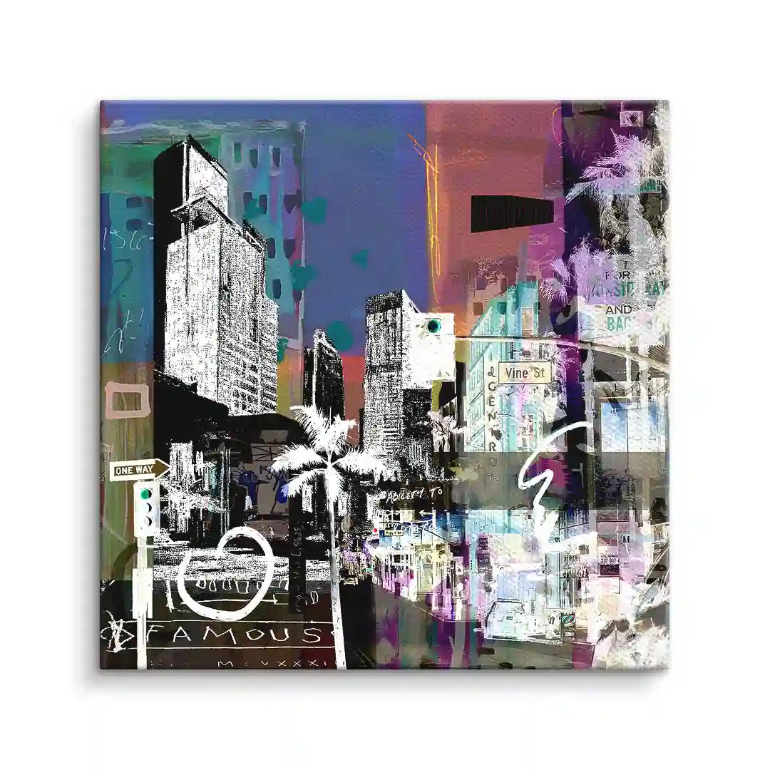Modernes Wandbild Los Angeles mit Hochhäusern, Palmen und bunten Pop Art Elementen.