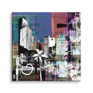Modernes Wandbild Los Angeles mit Hochhäusern, Palmen und bunten Pop Art Elementen.