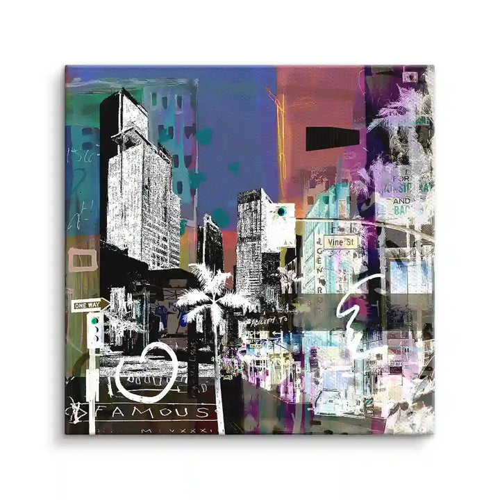 Modernes Wandbild Los Angeles mit Hochhäusern, Palmen und bunten Pop Art Elementen.