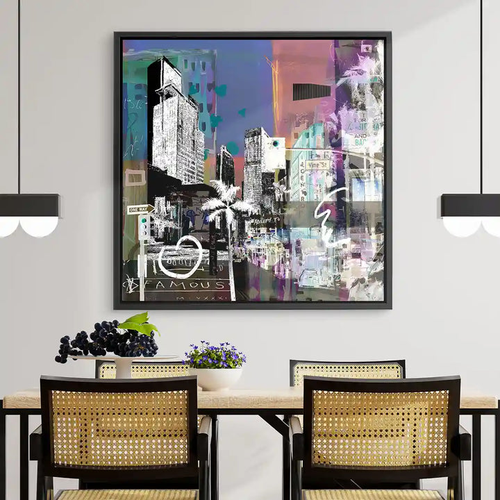 Modernes Wandbild mit Los Angeles Skyline, bunten Farben und Palmen als Kunstdruck im Esszimmer