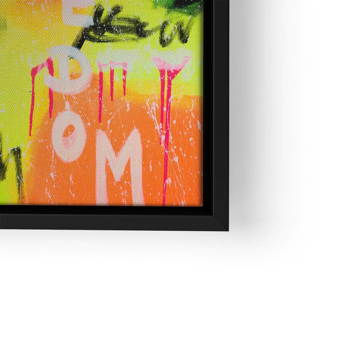 Modernes Wandbild mit bunter Graffiti-Schrift, abstrakte Farben, schwarzer Rahmen