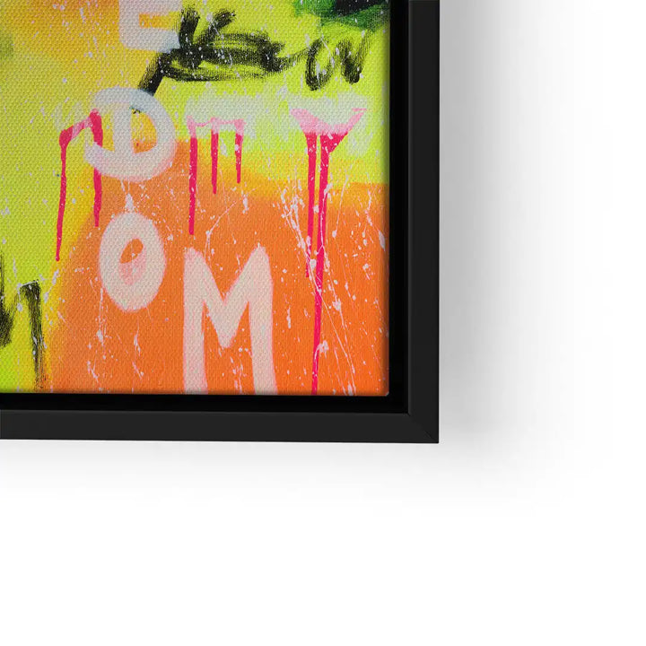 Modernes Wandbild mit bunter Graffiti-Schrift, abstrakte Farben, schwarzer Rahmen