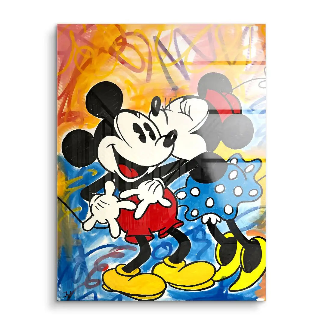 Buntes Pop Art Acrylbild mit zwei Comic-Mäusen, Umarmung vor Graffiti-Hintergrund