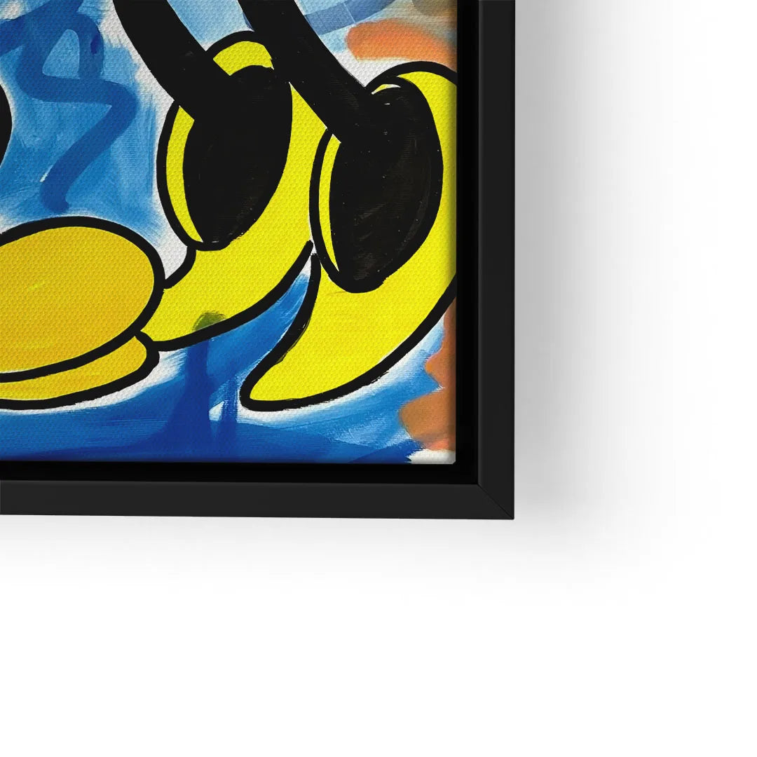 Modernes Wandbild mit Comic-Motiv, gelbe Schuhe auf blauem Hintergrund, gerahmt