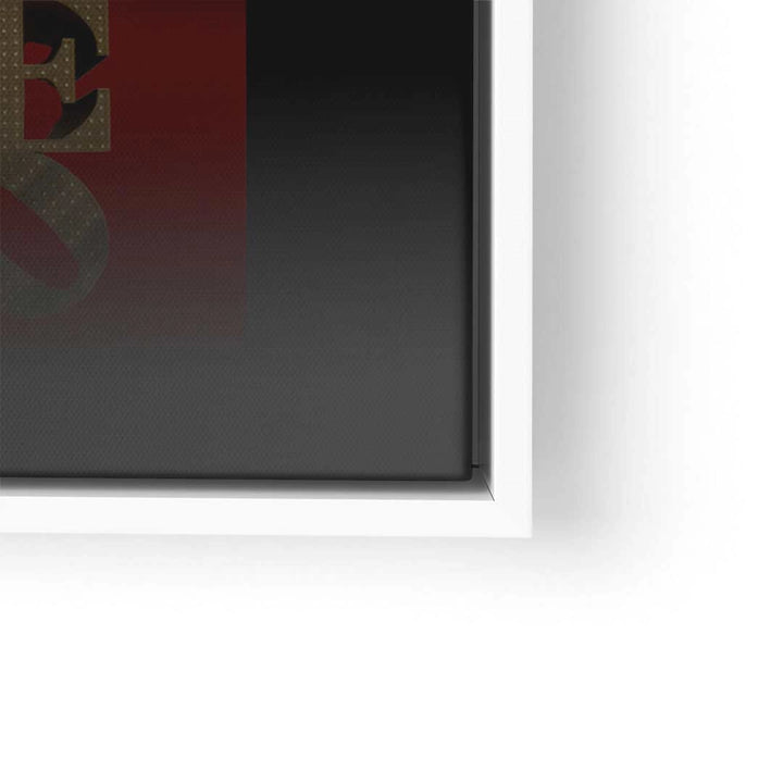 Modernes Wandbild mit Teil des Wortes 'LOVE' in goldener Schrift auf dunklem Hintergrund mit weißem Rahmen