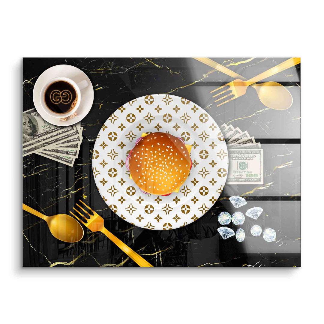Modernes Wandbild mit Burger auf luxuriösem Teller, goldenem Besteck, Geldscheinen und Diamanten