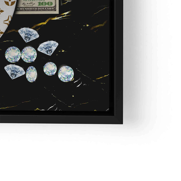 Wandbild mit Diamanten, Geldschein und schwarzem Marmor-Hintergrund in modernem Design
