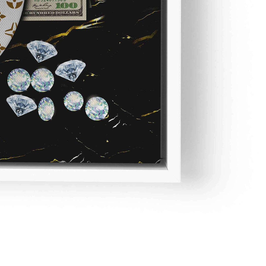 Wandbild mit Diamanten und Geldschein auf schwarzem Marmor-Hintergrund, luxuriöse Kunst