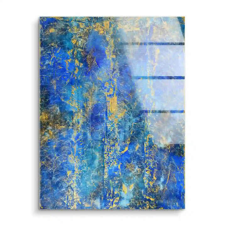 Abstraktes Wandbild in Blau und Gold auf Acrylglas mit marmorierter Struktur