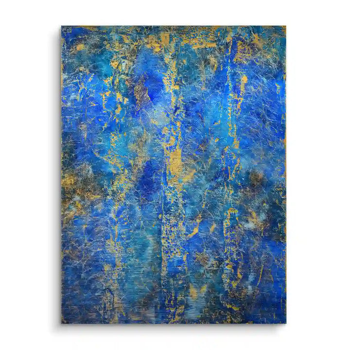 Abstraktes Wandbild in Blau und Gold, moderne Kunst mit Textur und leuchtenden Farbakzenten