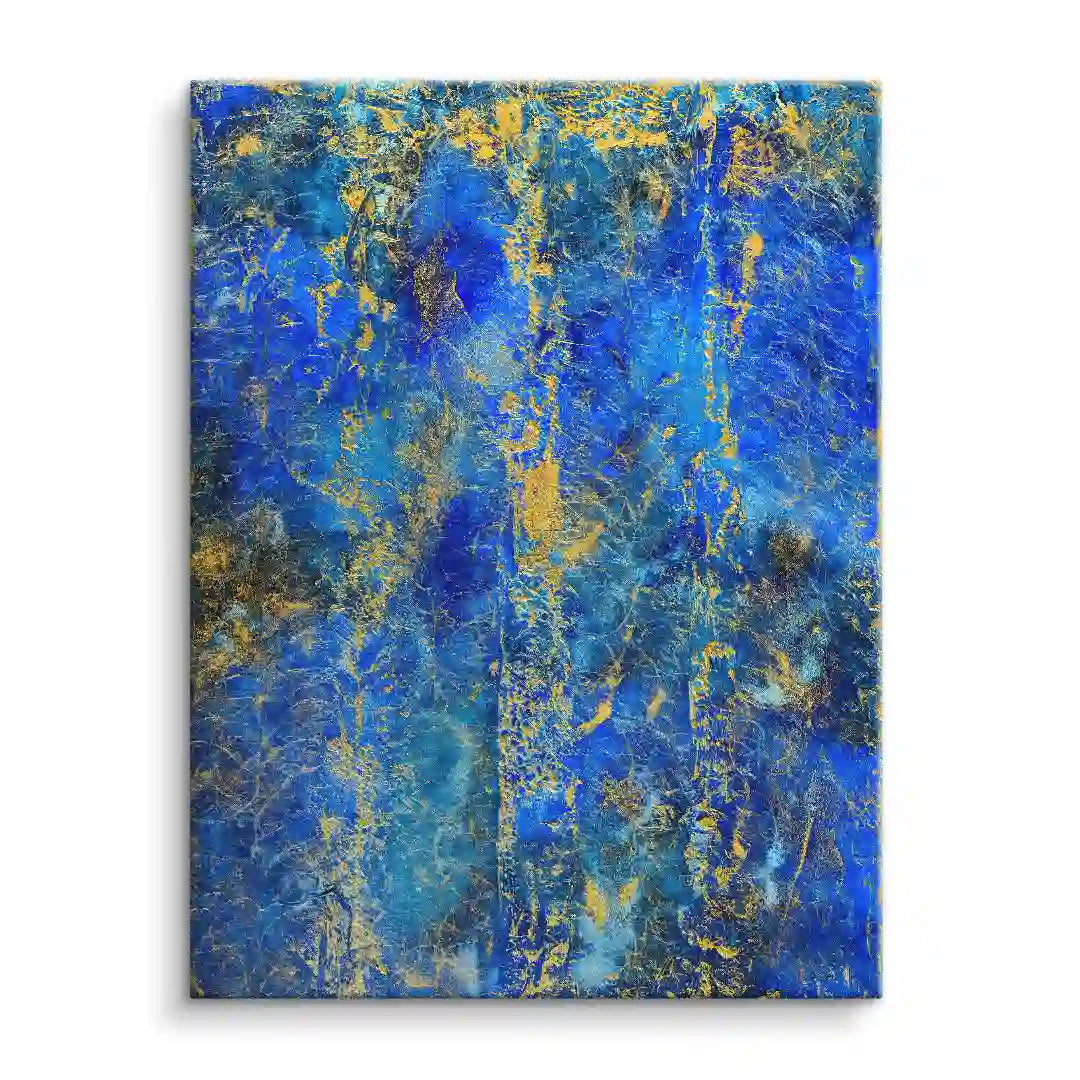 Abstraktes Wandbild mit blauen und goldenen Strukturen, moderne Kunst auf Leinwand