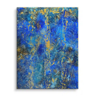 Abstraktes Wandbild mit blauen und goldenen Strukturen, moderne Kunst auf Leinwand
