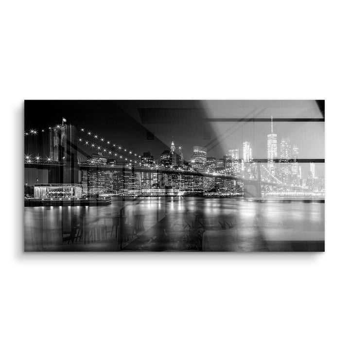 Schwarz-weiß Wandbild mit Brooklyn Bridge und Manhattan Skyline bei Nacht, Acrylglas Kunst