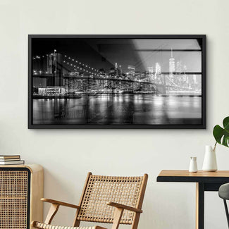 Schwarz-weiß Wandbild mit Brooklyn Bridge und Manhattan Skyline bei Nacht, moderne Wohnzimmer-Deko