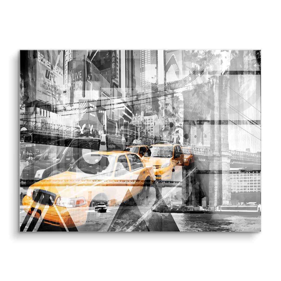 Modernes Wandbild mit gelben New Yorker Taxis vor urbaner Skyline in Schwarz-Weiß