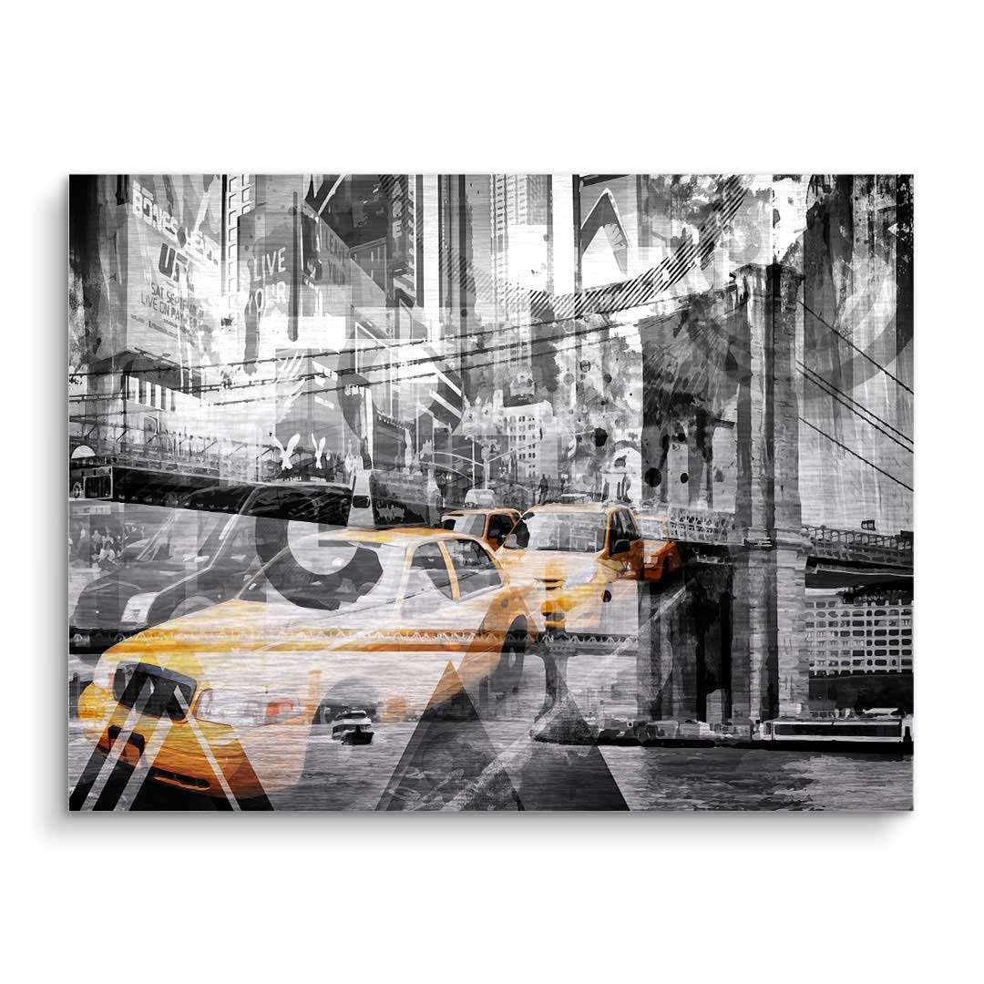 Modernes Wandbild mit gelben New York Taxis, Brooklyn Bridge und Skyline in Schwarz-Weiß