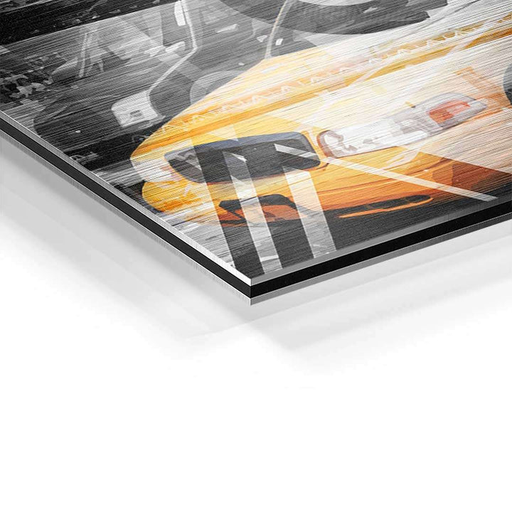 Detailansicht Wandbild mit gelbem New York Taxi auf Aluminium, moderner Kunststil