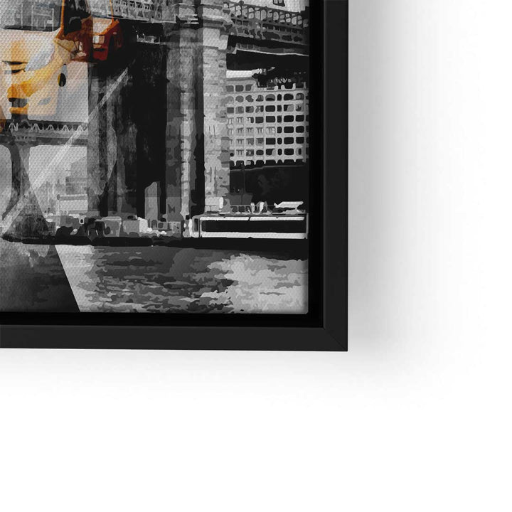 Modernes Wandbild mit Manhattan-Brücke und Taxi, schwarz-weiß mit Farbakzent, gerahmt