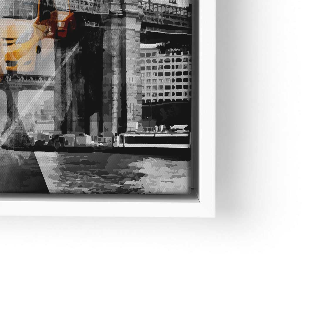 Kunstvoller Ausschnitt eines Manhattan-Wandbilds mit Brücke, Wasser und gelbem Taxi.