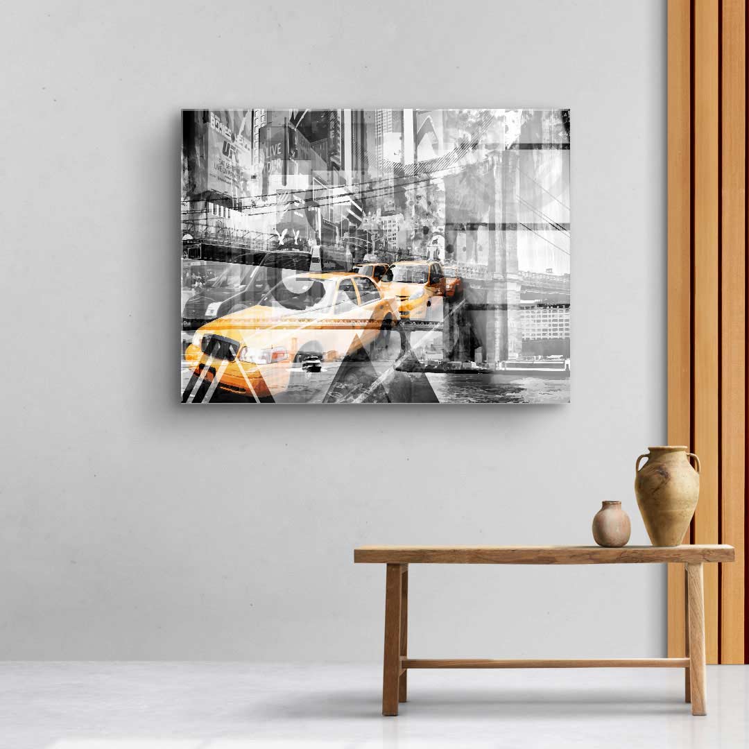 Modernes Wandbild mit gelben New Yorker Taxis und Manhattan Skyline im Wohnzimmer