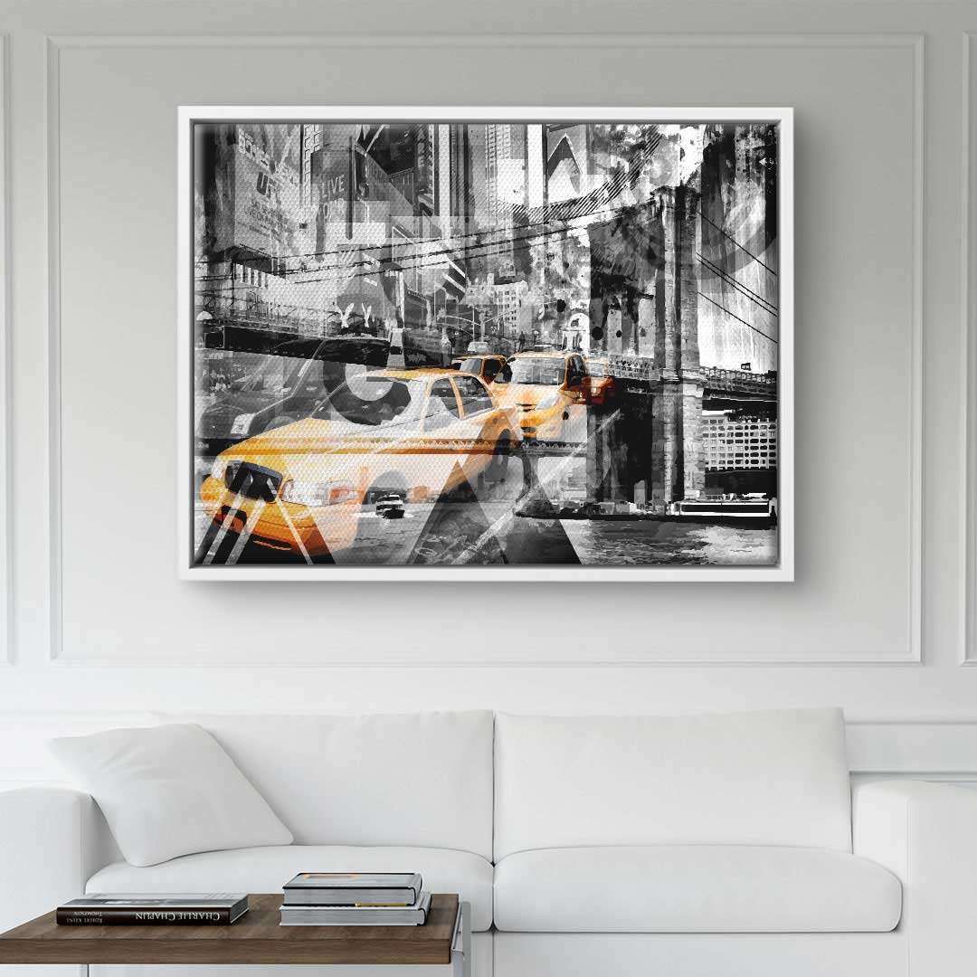 Modernes Wandbild mit gelben New York Taxis und Brooklyn Bridge im Schwarz-Weiß-Stil