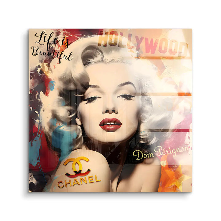 Pop Art Acryl Wandbild mit Porträt einer Frau im Marilyn-Stil, Chanel und Hollywood Schriftzug