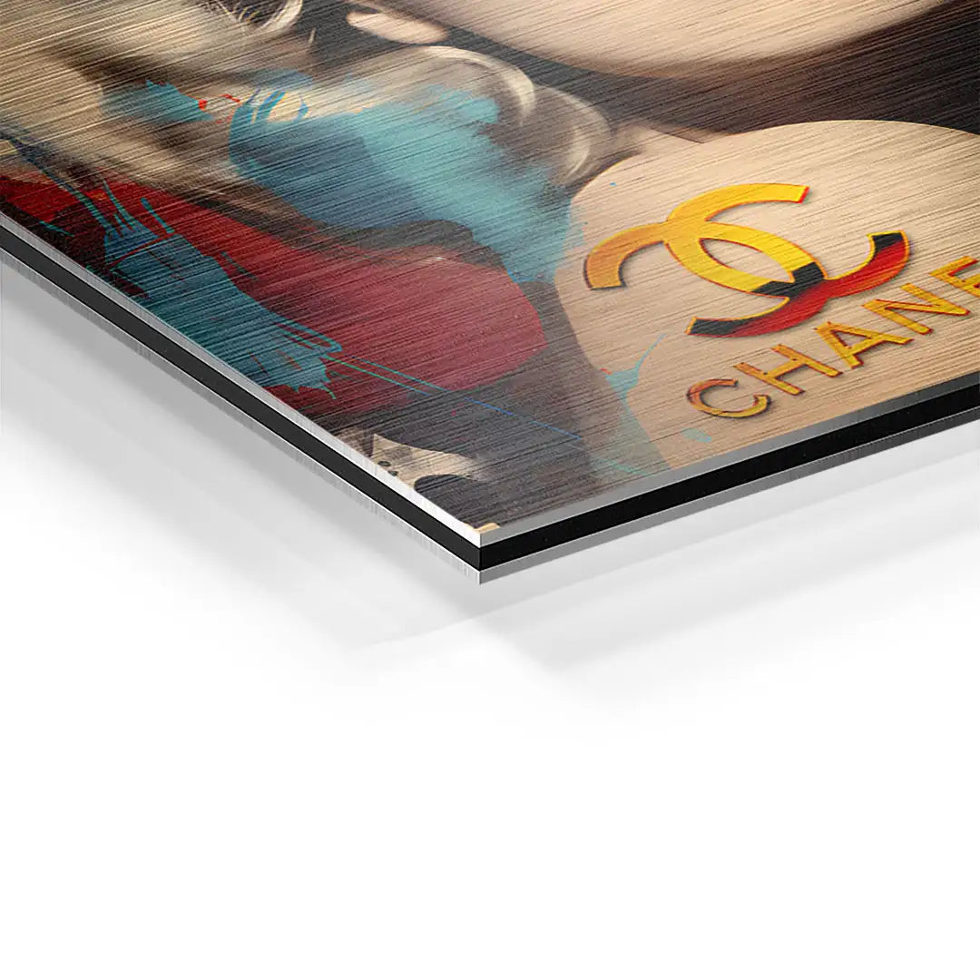 Detailansicht modernes Pop Art Wandbild auf Aluminium mit ikonischem Motiv, bunte Farbakzente