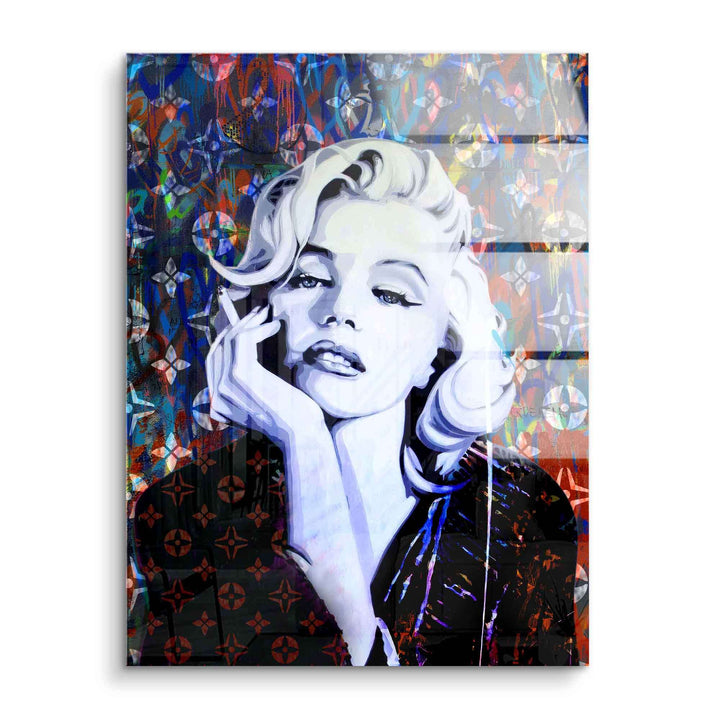 Pop Art Wandbild Frau mit blondem Haar auf buntem Acrylglas, illustriert und modern