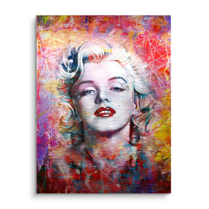 Kreatives Pop Art Wandbild, Porträt einer Frau mit blondem Haar und buntem Hintergrund.