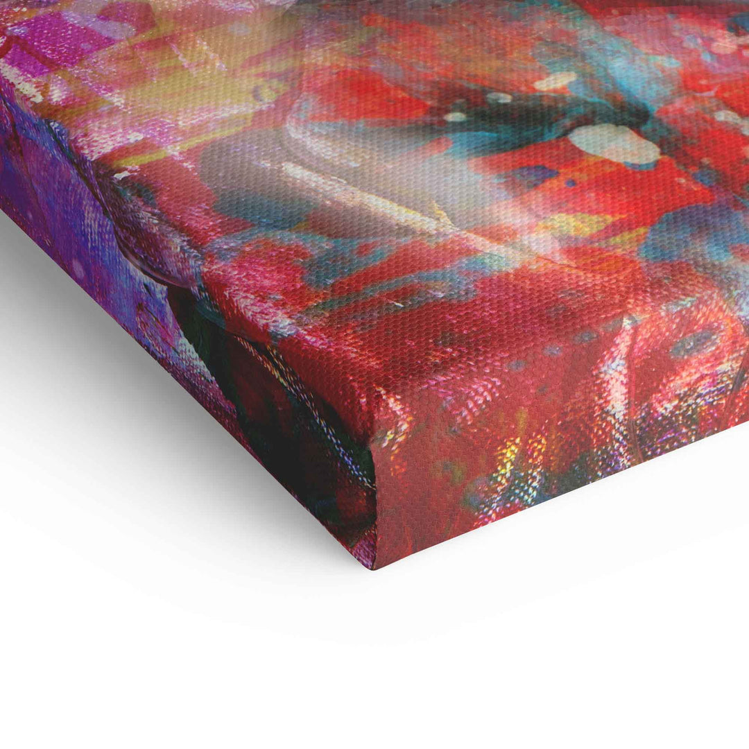 Detailansicht Leinwandbild mit bunter, abstrakter Malerei in Rot, Blau und Gelb