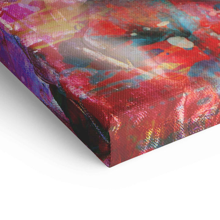 Detailansicht Leinwandbild mit bunter, abstrakter Malerei in Rot, Blau und Gelb